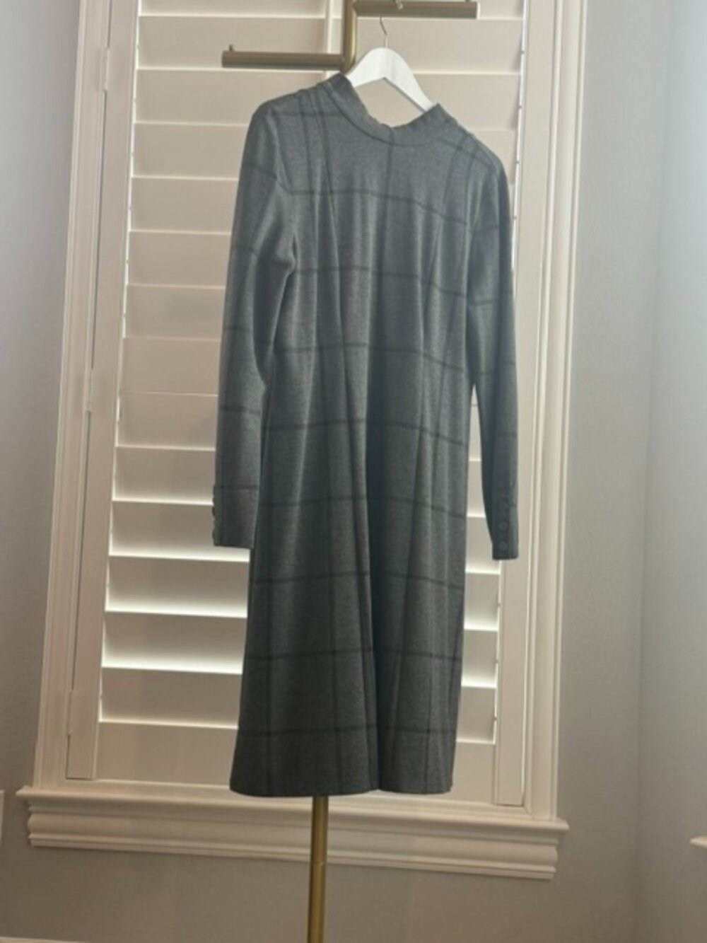Ann Taylor Gray Plaid Tie Neck Long Sleeve Dress Size L